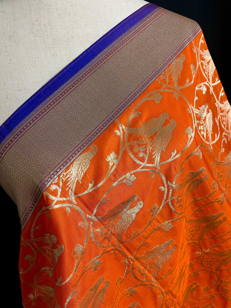 Orange Color Dupatta with Pair of Parrots - Benarasi Silk Dupatta - Kaash