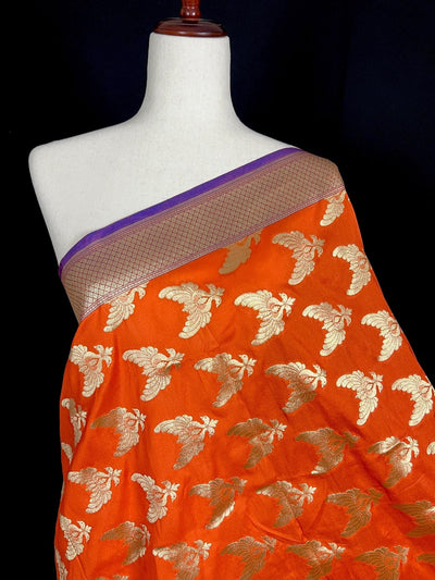 Orange Banarasi with Peacock Pair dupatta in banarasi semi soft silk with peacock motifs with blue border — Kaash Collection