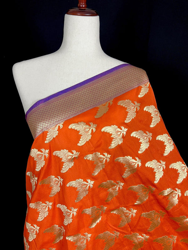 Orange Color Dupatta with Pair of Peacocks - Benarasi Silk Dupatta - Kaash