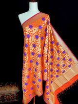 Orange Banarasi with Blue Meenakari dupatta in banarasi semi soft silk with gold zari floral with blue meenakari — Kaash Collection