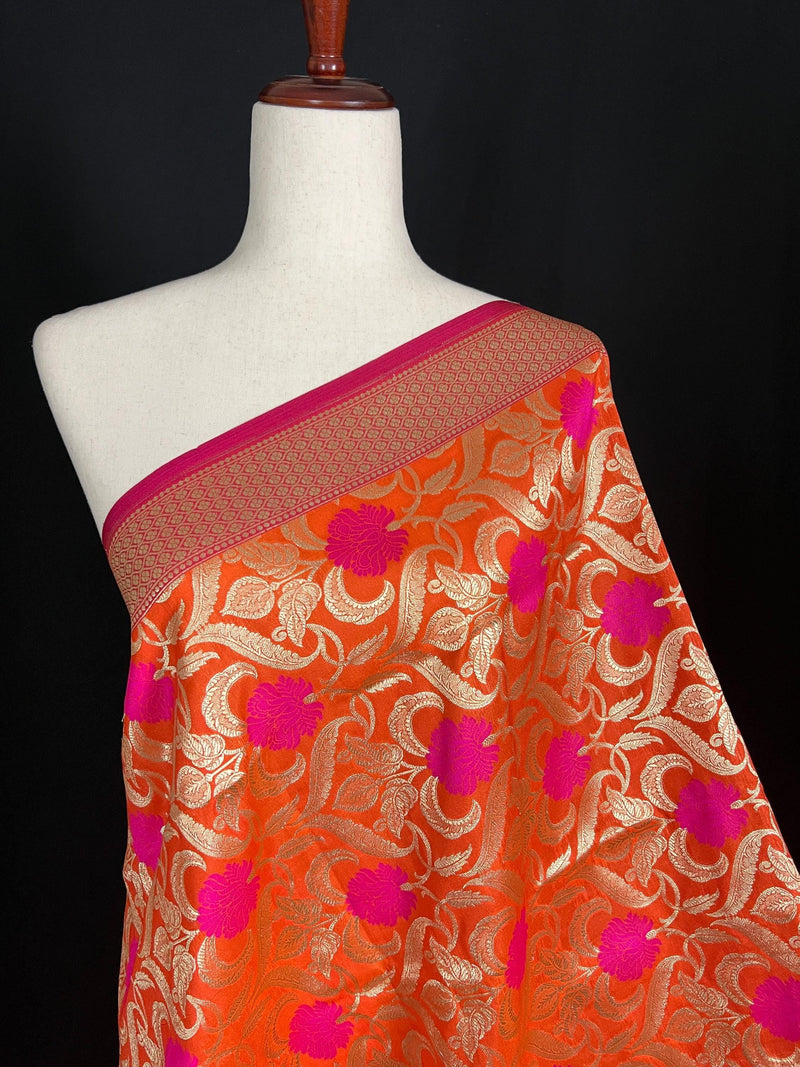 Orange Color Floral Jaal Banarasi Silk Dupatta | Meenkari Pink Flowers with Grand Borders | Floral Dupatta | Benarasi Dupatta - Kaash