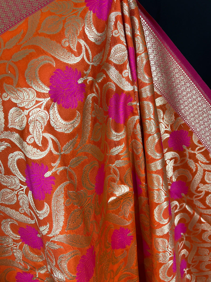 Orange Color Floral Jaal Banarasi Silk Dupatta | Meenkari Pink Flowers with Grand Borders | Floral Dupatta | Benarasi Dupatta - Kaash