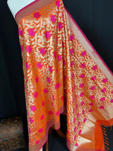 Orange Color Floral Jaal Banarasi Silk Dupatta | Meenkari Pink Flowers with Grand Borders | Floral Dupatta | Benarasi Dupatta - Kaash