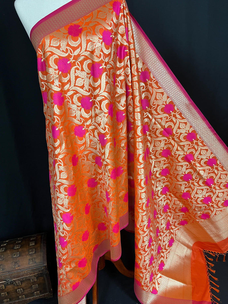 Orange Color Floral Jaal Banarasi Silk Dupatta | Meenkari Pink Flowers with Grand Borders | Floral Dupatta | Benarasi Dupatta - Kaash