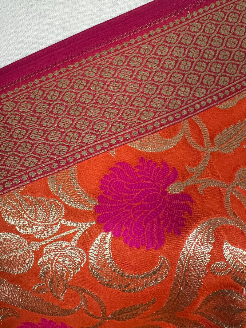 Orange Color Floral Jaal Banarasi Silk Dupatta | Meenkari Pink Flowers with Grand Borders | Floral Dupatta | Benarasi Dupatta - Kaash