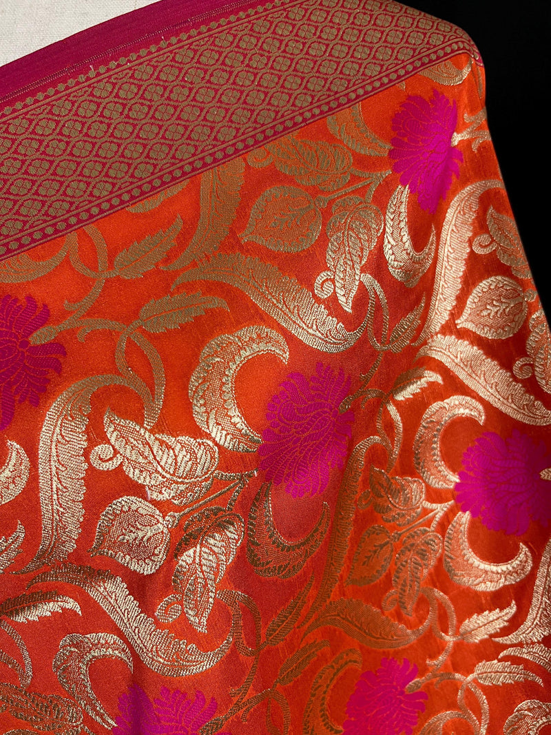Orange Color Floral Jaal Banarasi Silk Dupatta | Meenkari Pink Flowers with Grand Borders | Floral Dupatta | Benarasi Dupatta - Kaash