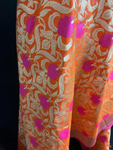 Orange Color Floral Jaal Banarasi Silk Dupatta | Meenkari Pink Flowers with Grand Borders | Floral Dupatta | Benarasi Dupatta - Kaash