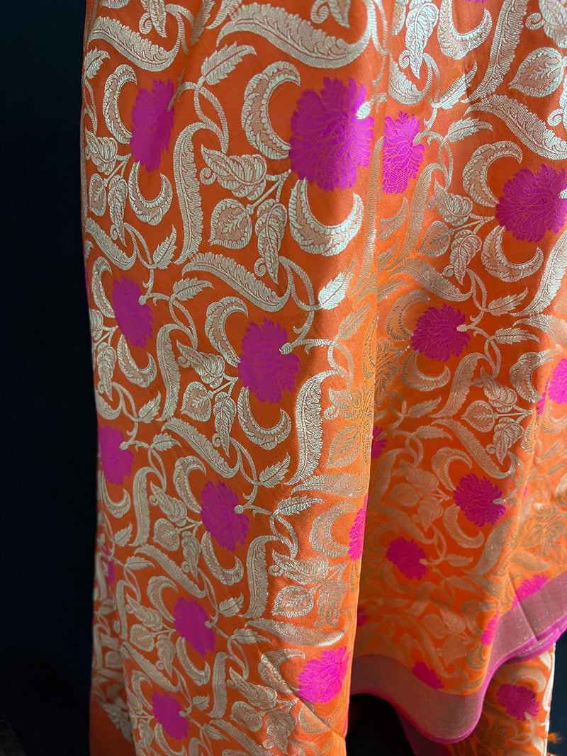 Orange Color Floral Jaal Banarasi Silk Dupatta | Meenkari Pink Flowers with Grand Borders | Floral Dupatta | Benarasi Dupatta - Kaash