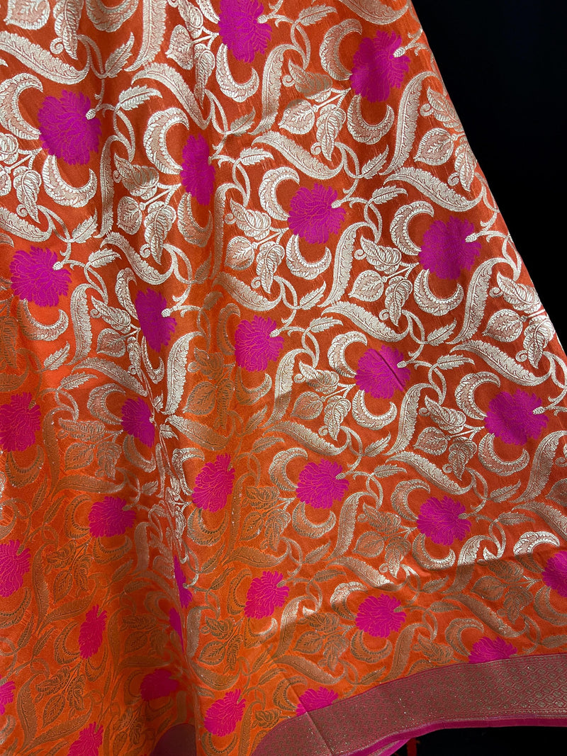 Orange Color Floral Jaal Banarasi Silk Dupatta | Meenkari Pink Flowers with Grand Borders | Floral Dupatta | Benarasi Dupatta - Kaash