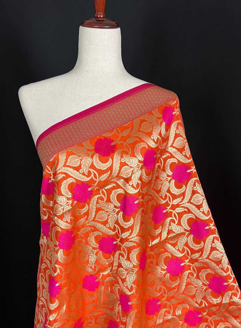 Orange Color Floral Jaal Banarasi Silk Dupatta | Meenkari Pink Flowers with Grand Borders | Floral Dupatta | Benarasi Dupatta - Kaash