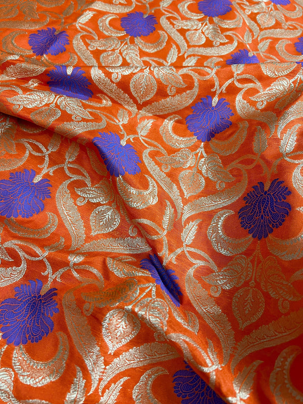 Orange Color Floral Jaal Banarasi Silk Dupatta | Meenkari Royal Blue Flowers with Grand Borders | Floral Dupatta | Benarasi Dupatta - Kaash