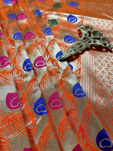 Orange Color Morpankh Saree Traditional Banarasi Silk Handloom Saree with Gold Zari Weave - Kaash