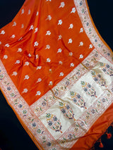 Orange Color Paithani Mashru Silk Saree with Meenakari Work with Sliver and Gold Zari Weave - Kaash