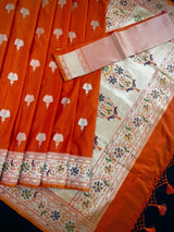 Orange Color Paithani Mashru Silk Saree with Meenakari Work with Sliver and Gold Zari Weave - Kaash