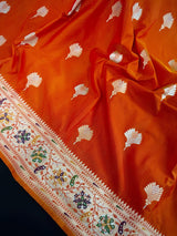 Orange Color Paithani Mashru Silk Saree with Meenakari Work with Sliver and Gold Zari Weave - Kaash