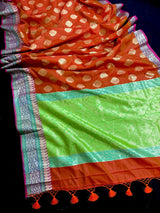 Orange Color Soft Cotton Silk Saree with Buttas and Zari Weaving buttas with Banarasi Borders - Kaash