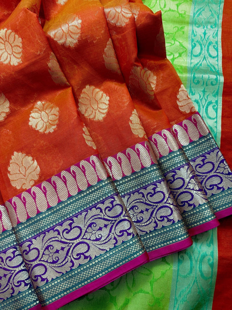 Orange Color Soft Cotton Silk Saree with Buttas and Zari Weaving buttas with Banarasi Borders - Kaash