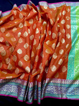 Orange Color Soft Cotton Silk Saree with Buttas and Zari Weaving buttas with Banarasi Borders - Kaash