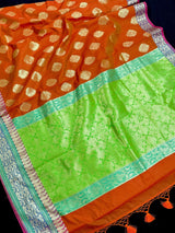 Orange Color Soft Cotton Silk Saree with Buttas and Zari Weaving buttas with Banarasi Borders - Kaash