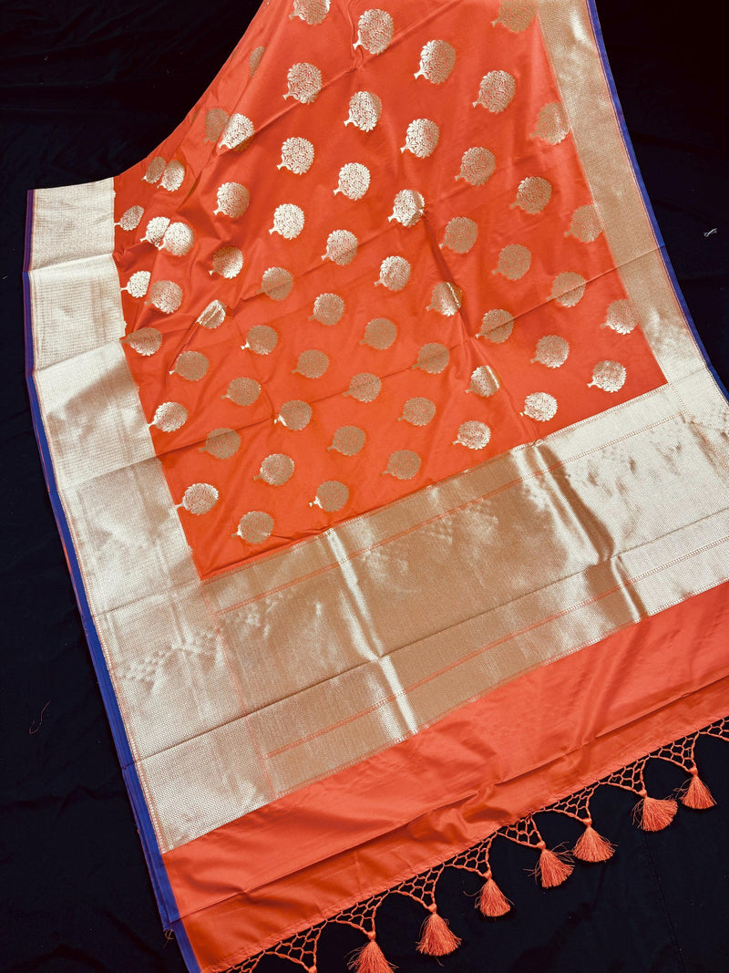 Orange Color Traditional Banarasi Handloom Saree with Golden Zari Weave Motifs, borders and Pallu | Banarasi Silk Saree - Kaash