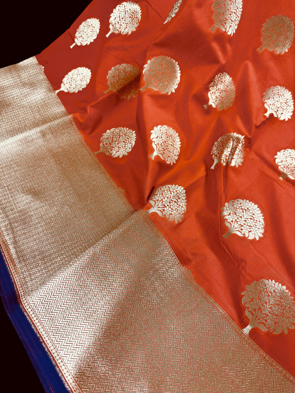 Orange Color Traditional Banarasi Handloom Saree with Golden Zari Weave Motifs, borders and Pallu | Banarasi Silk Saree - Kaash