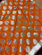 Orange Tanchoi Banarasi saree in banarasi silk with banarasi tanchoi handweaving — Kaash Collection