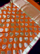 Orange Tanchoi Banarasi saree in banarasi silk with banarasi tanchoi handweaving — Kaash Collection