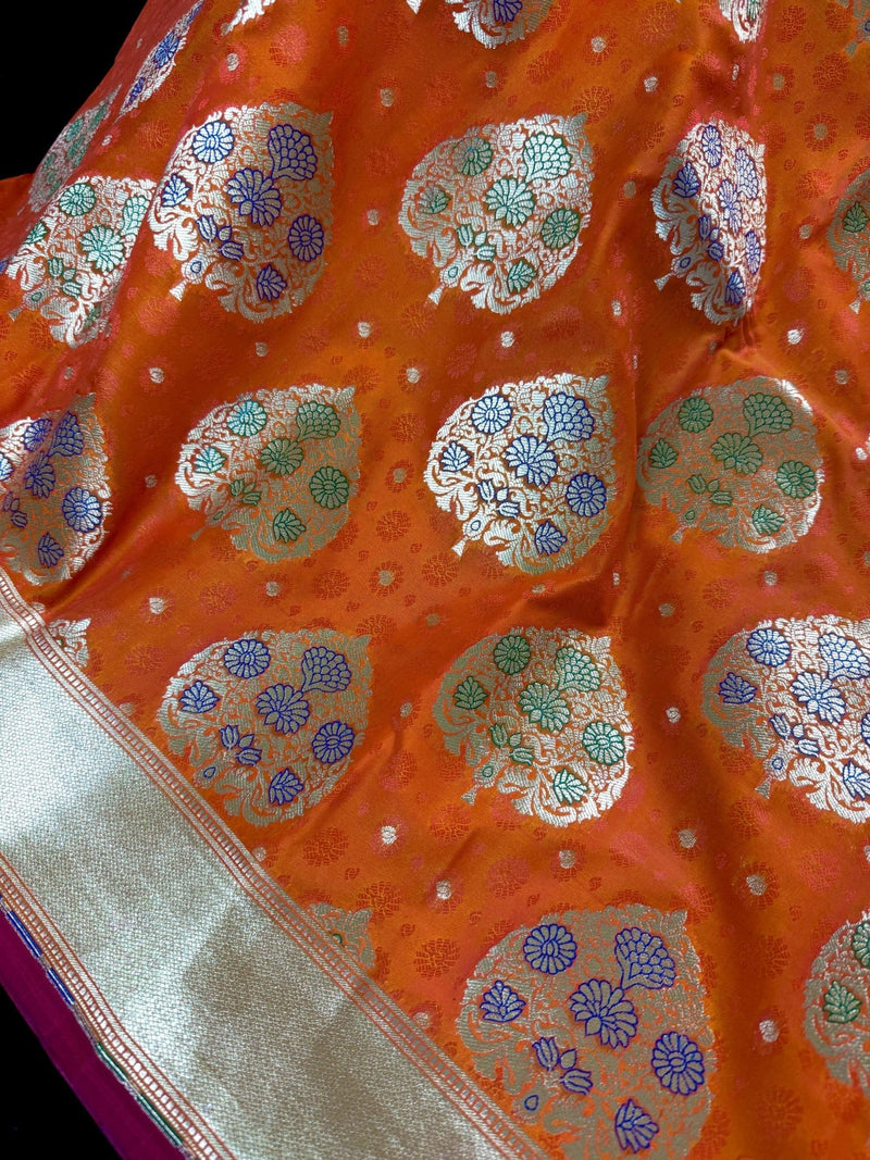 Orange Tanchoi Banarasi saree in banarasi silk with banarasi tanchoi handweaving — Kaash Collection