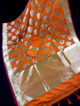 Orange Color Traditional Banarasi Tanchoi Handloom Silk Saree | Tree Pattern Buttas with small zari buttis and Tanchoi Weave - Kaash