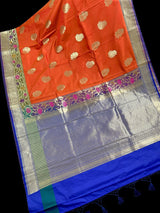 Orange with Blue Pallu Banarasi saree in banarasi silk (non-pure) with big floral buttas with paithani border — Kaash Collection