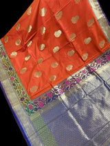 Orange with Blue Pallu Banarasi saree in banarasi silk (non-pure) with big floral buttas with paithani border — Kaash Collection