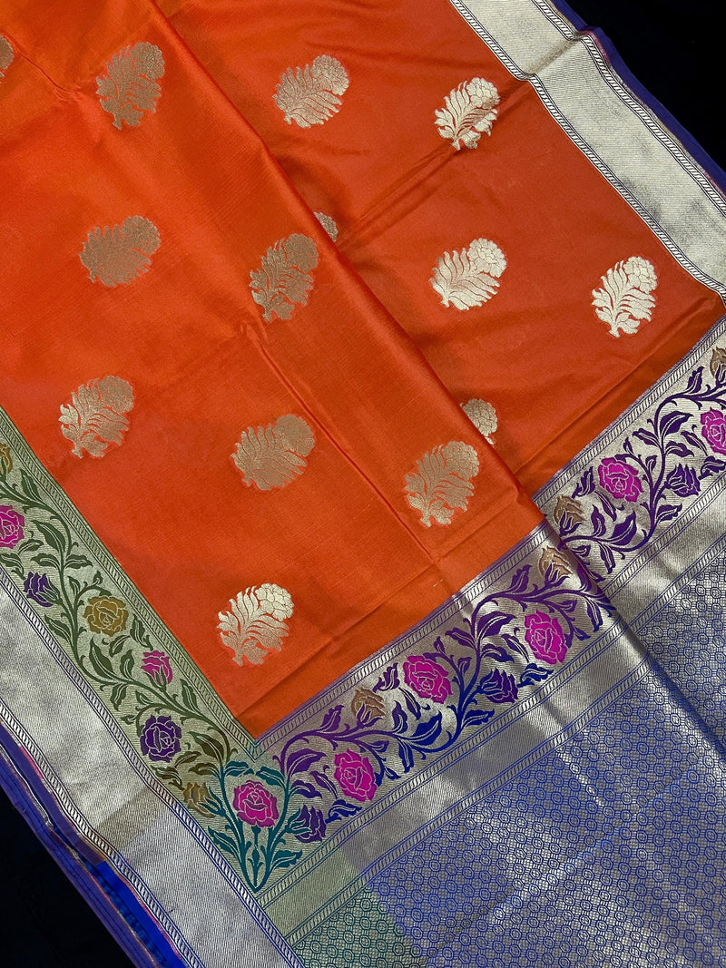 Orange Color Traditional Handloom Banarasi Saree with Floral Buttas | Paithani Style Border | Meenakari Flowers - Kaash