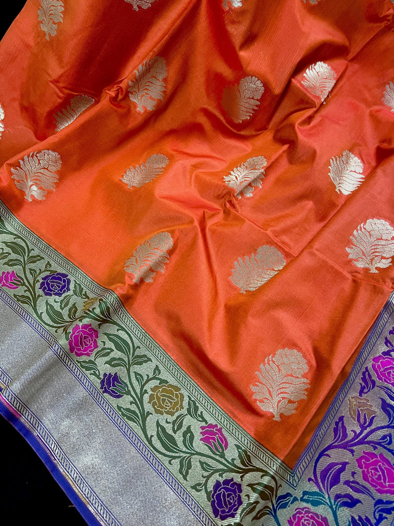 Orange Color Traditional Handloom Banarasi Saree with Floral Buttas | Paithani Style Border | Meenakari Flowers - Kaash