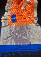 Orange with Purple Banarasi saree in banarasi silk with wide 7.5" purple borders with blue pallu — Kaash Collection