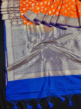 Orange with Purple Banarasi saree in banarasi silk with wide 7.5" purple borders with blue pallu — Kaash Collection