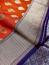 Orange with Purple Banarasi saree in banarasi silk with wide 7.5" purple borders with blue pallu — Kaash Collection
