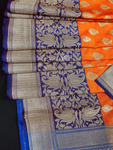 Orange with Purple Banarasi saree in banarasi silk with wide 7.5" purple borders with blue pallu — Kaash Collection