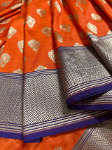 Orange with Purple Banarasi saree in banarasi silk with wide 7.5" purple borders with blue pallu — Kaash Collection