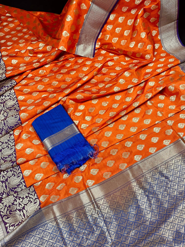 Orange Traditional Banarasi handloom Saree Silk with Purple Wide Borders and Blue Pallu - Kaash