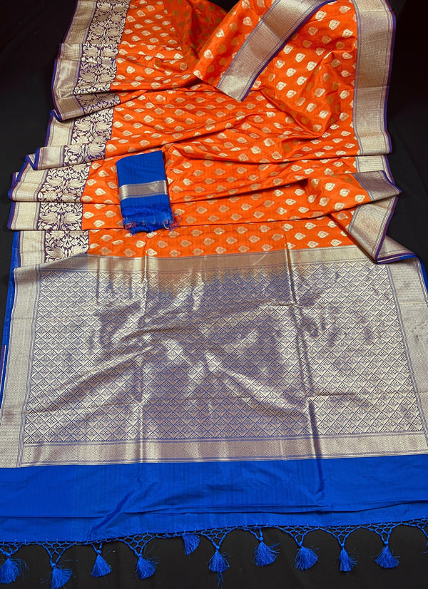 Orange Traditional Banarasi handloom Saree Silk with Purple Wide Borders and Blue Pallu - Kaash