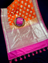 Orange with Pink Traditional Handloom Banarasi Saree with Satin Border - Kaash
