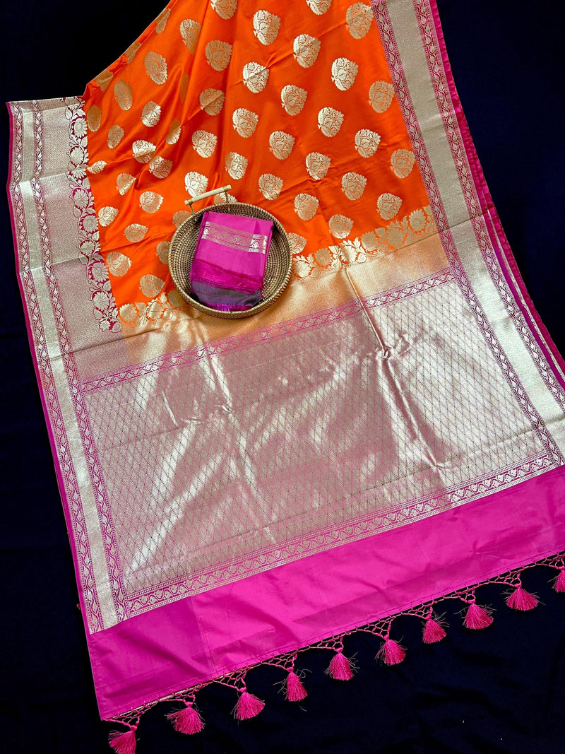 Orange with Pink Traditional Handloom Banarasi Saree with Satin Border - Kaash