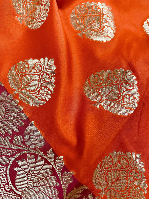 Orange with Pink Traditional Handloom Banarasi Saree with Satin Border - Kaash