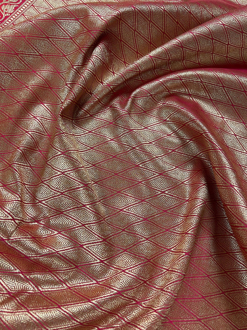 Orange with Pink Traditional Handloom Banarasi Saree with Satin Border - Kaash
