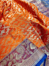 Magenta, Purple & Orange Banarasi saree in banarasi silk with shikargah hunting motifs in gold zari — Kaash Collection