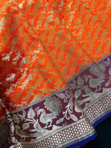 Magenta, Purple & Orange Banarasi saree in banarasi silk with shikargah hunting motifs in gold zari — Kaash Collection