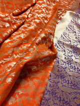 Magenta, Purple & Orange Banarasi saree in banarasi silk with shikargah hunting motifs in gold zari — Kaash Collection