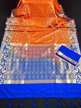 Magenta, Purple & Orange Banarasi saree in banarasi silk with shikargah hunting motifs in gold zari — Kaash Collection