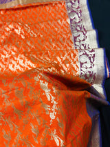 Magenta, Purple & Orange Banarasi saree in banarasi silk with shikargah hunting motifs in gold zari — Kaash Collection
