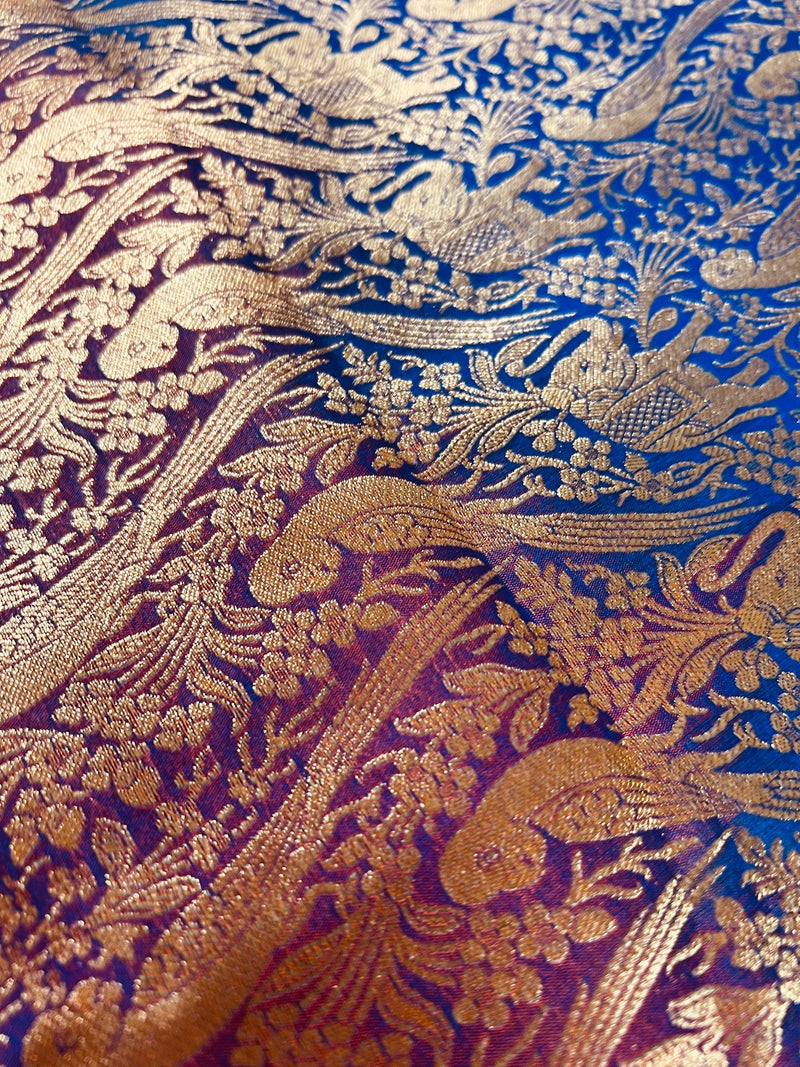 Orange with Purple and Blue Color combination Banarasi Silk Shikargah Saree in Zari Weave Work | Shikargah Sarees | Kaash Collection - Kaash